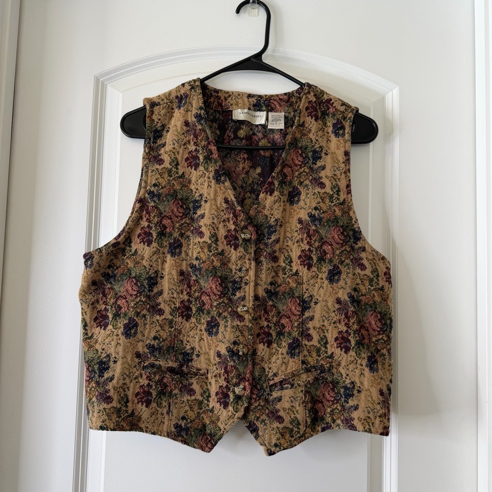 Vintage Floral Tapestry Vest Lemon Grass L Cottagecore Dark Academia 90s Boho - Picture 2 of 9